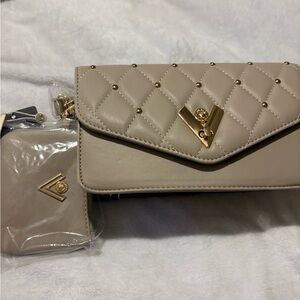 Valentino Orlandi Taupe Quilted Clutch with Gold Accents